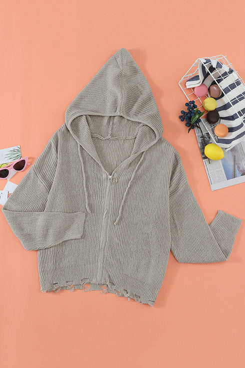 Zipper V-Neck Dropped Sleeve Hooded Solid Sweater
